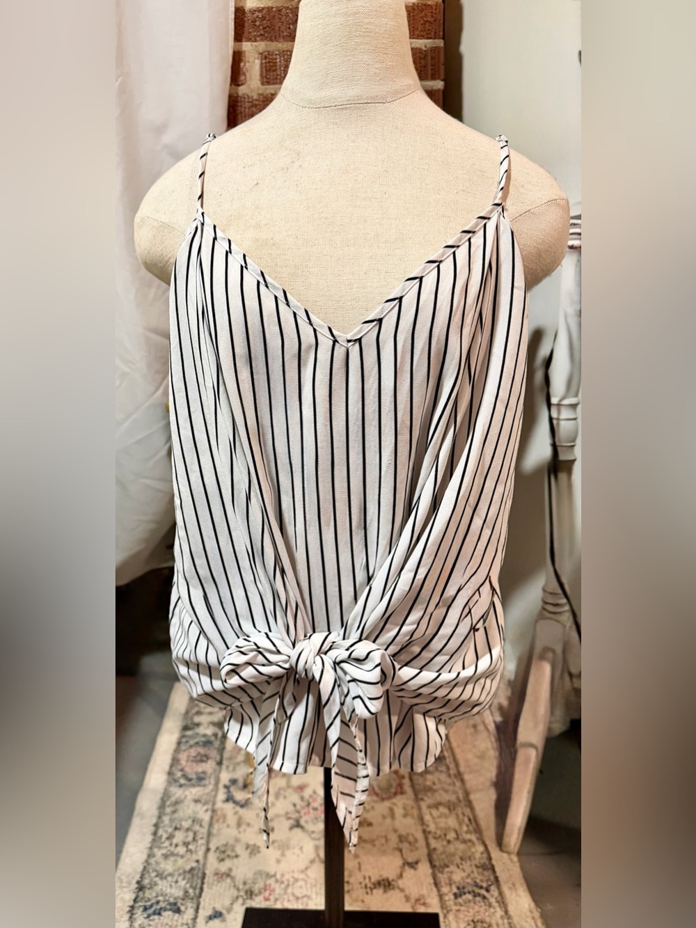 eesome Black & White Vertical Stripe Tie-Front Cami